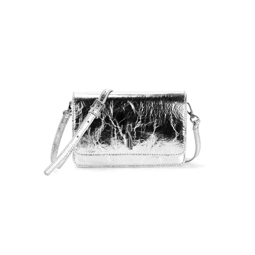 Bolsa Flap Bag Metalizado Crinkle Alça Transversal Prata - vista 1 de 4
