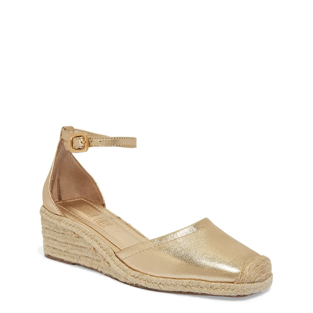 Sandalia Espadrilhe Couro Metalizada Dourada Salto Baixo - vista 2 de 3