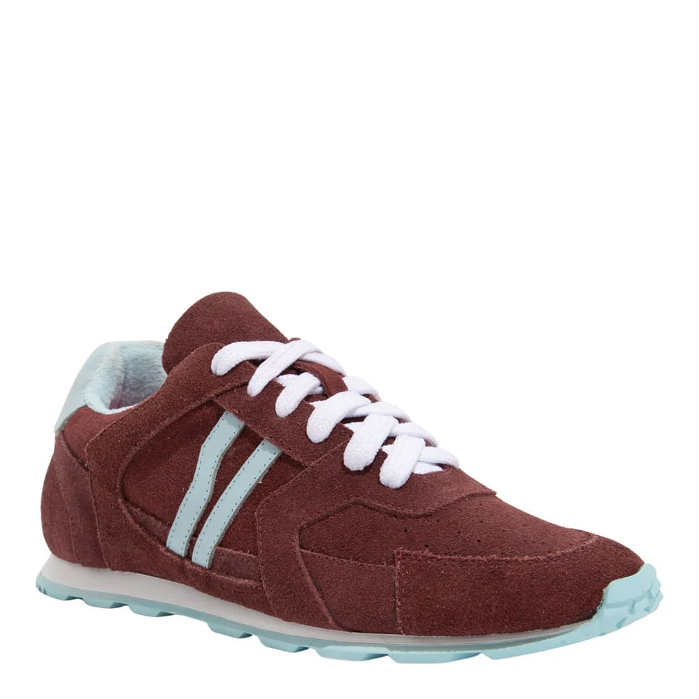 Tênis Jogging Couro Camurça Vermelho Bordô Recortes Azul - vista 3 de 5