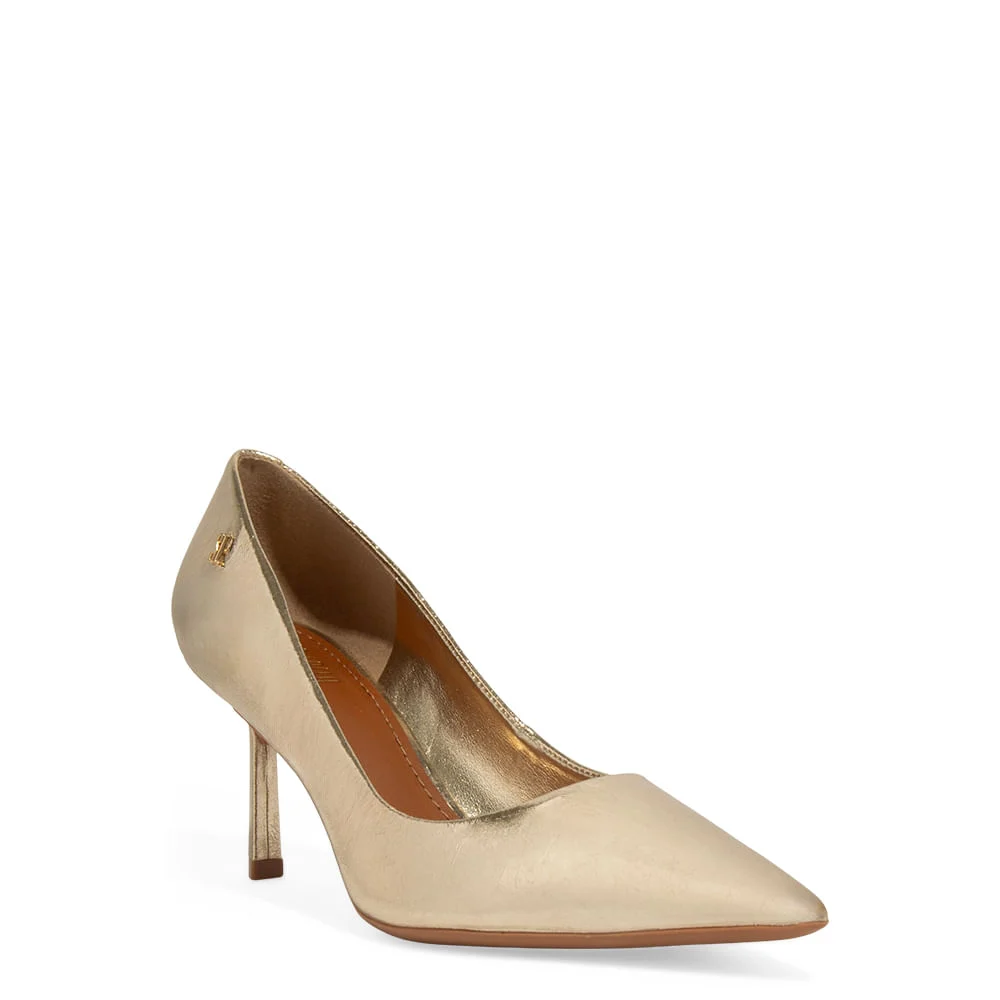 Scarpin Couro Metalizado Dourado Salto Fino - vista 2 de 3