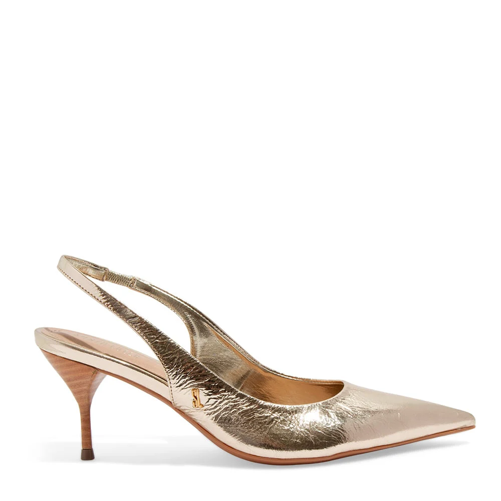 Scarpin Slingback Couro Metalizado Dourado Bico Fino Salto Agulha - vista 1 de 3