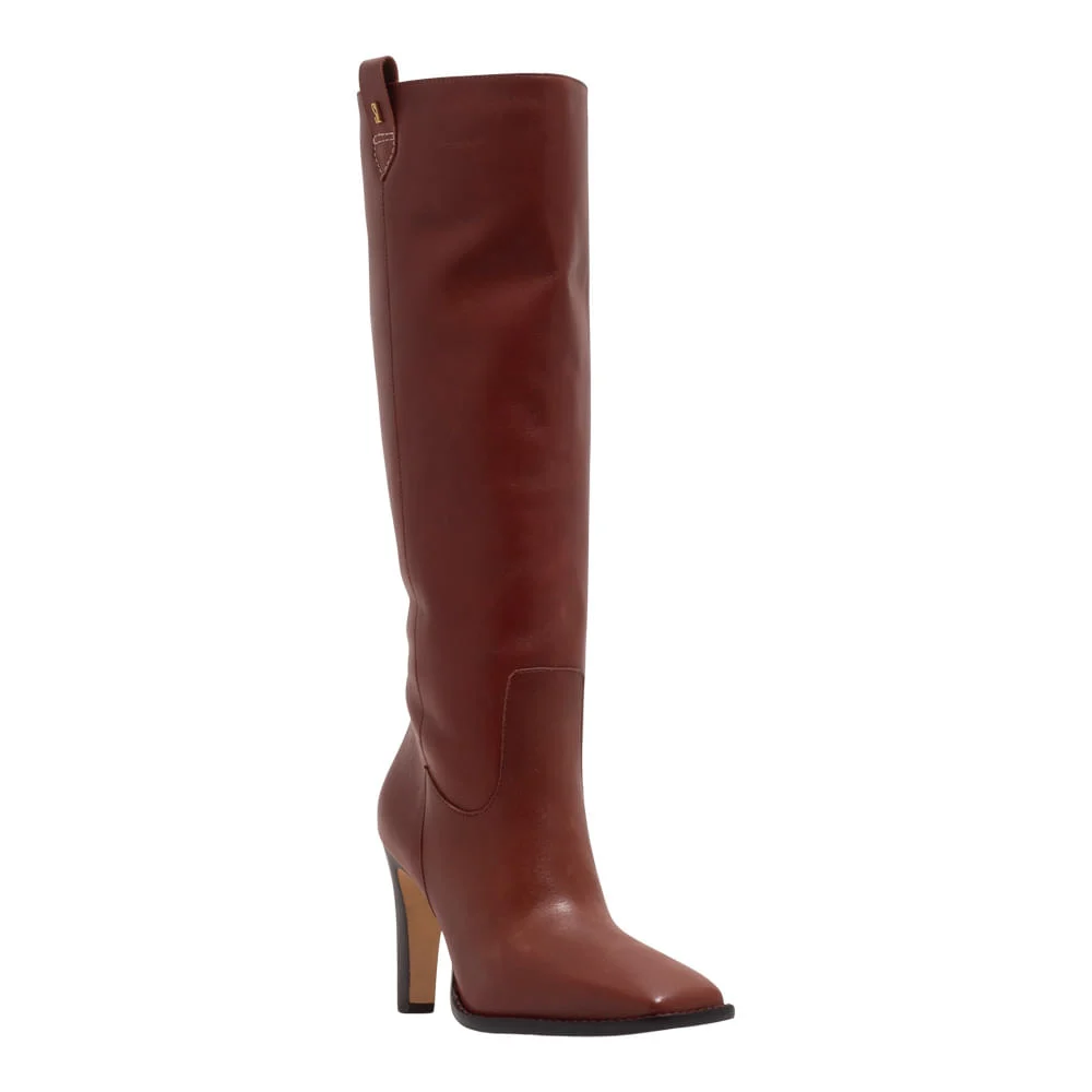 Bota Couro Nobre Marrom Cano Longo Salto Alto Fino - vista 2 de 3