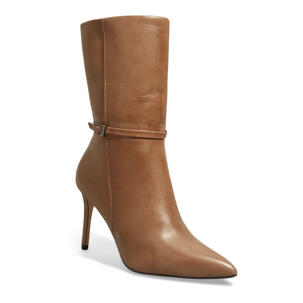 Bota Couro Nobre Soft Bege Cano Curto Salto Alto - vista 2 de 3