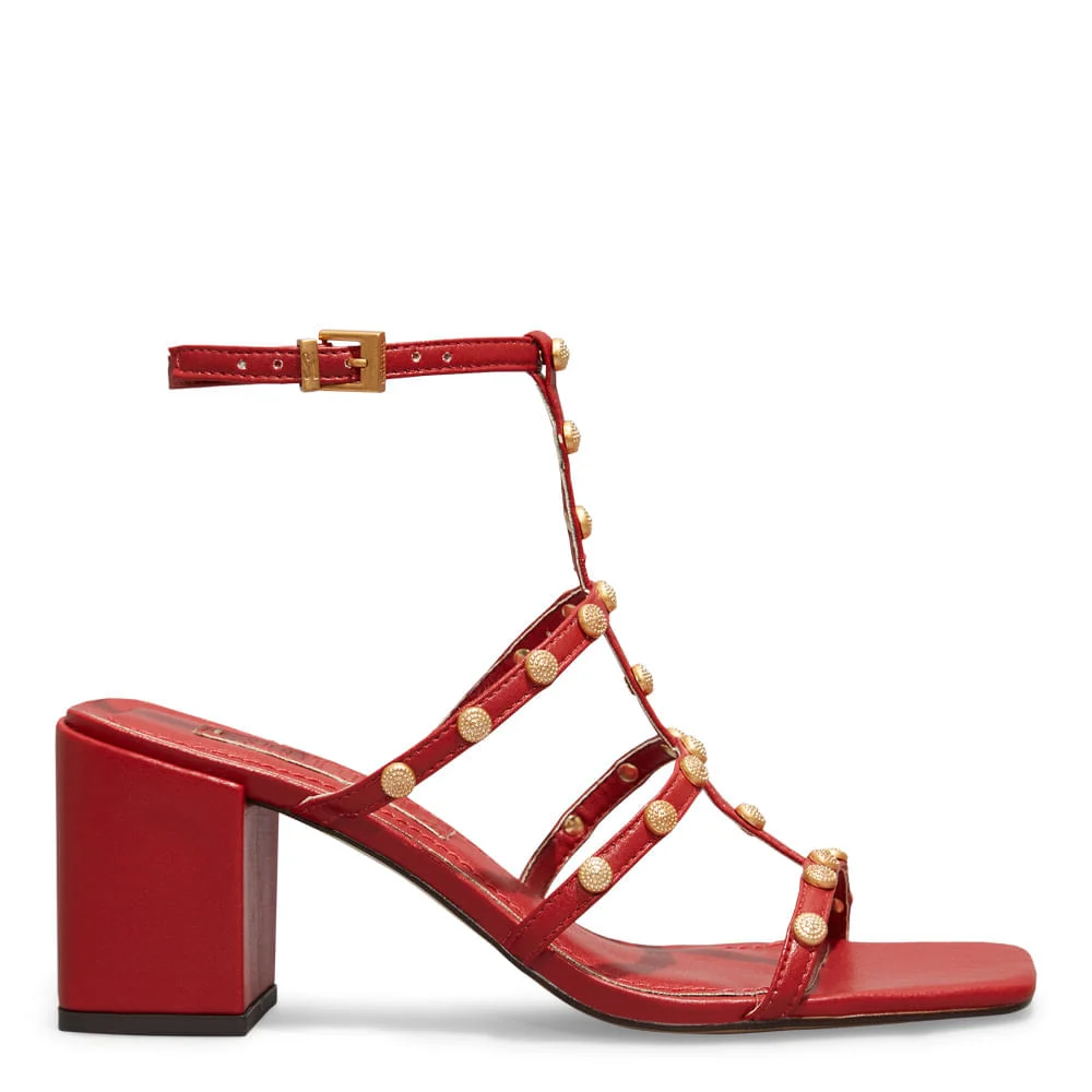 Sandália Napa Soft Vermelha Tiras Tachas Salto Grosso Baixo - vista 2 de 4