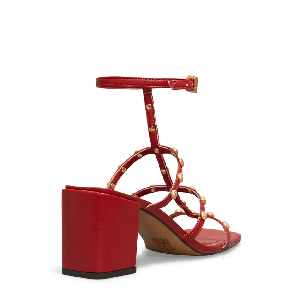 Sandália Napa Soft Vermelha Tiras Tachas Salto Grosso Baixo - vista 4 de 4