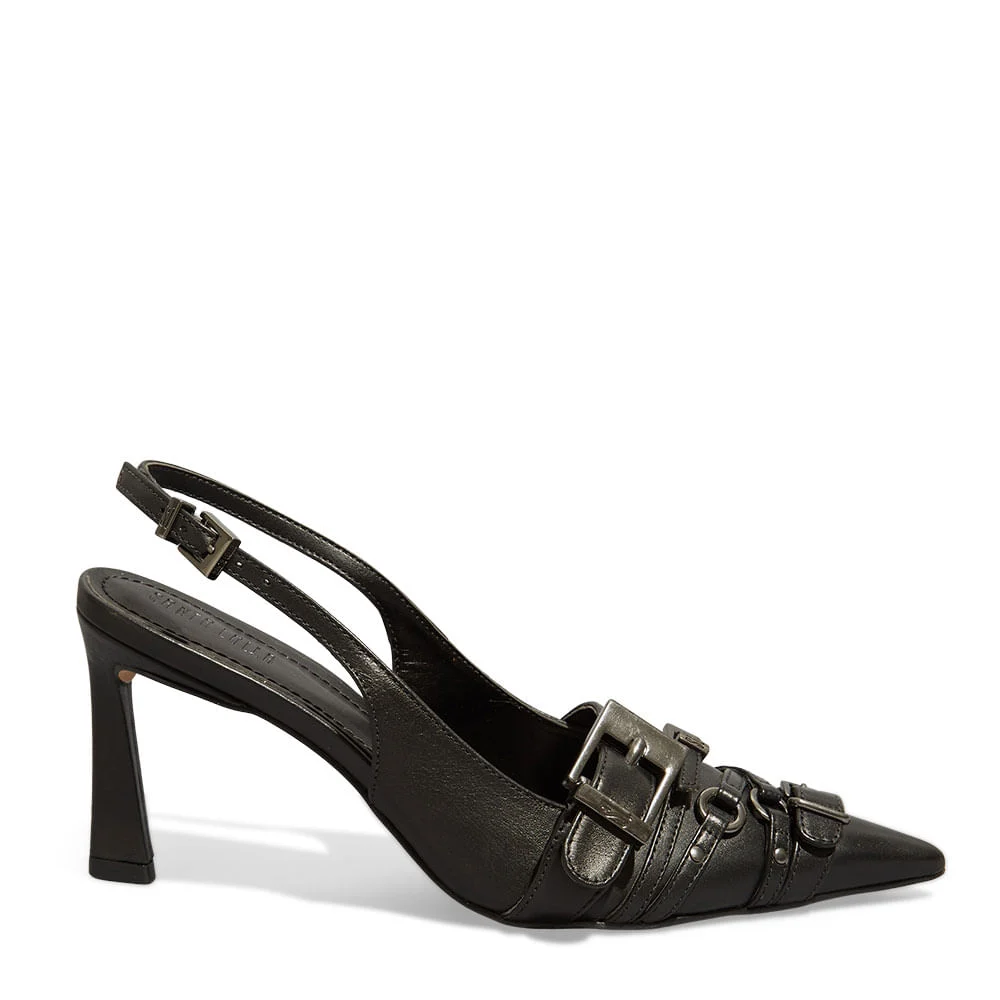 Scarpin Couro Confort Preto Bico Fino Fivela - vista 4 de 6