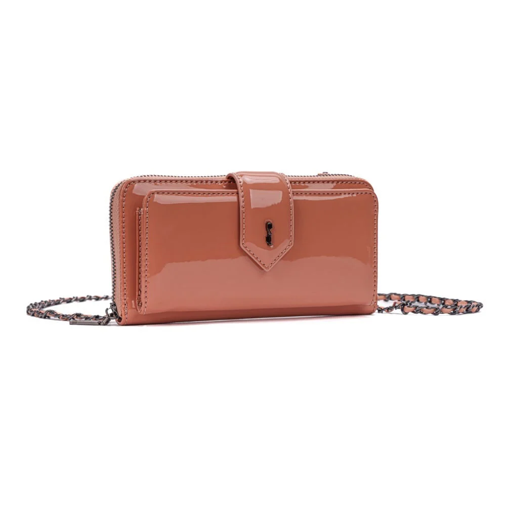 Bolsa Carteira Verniz Rosa Goiaba Alça De Ombro Corrente - vista 2 de 6
