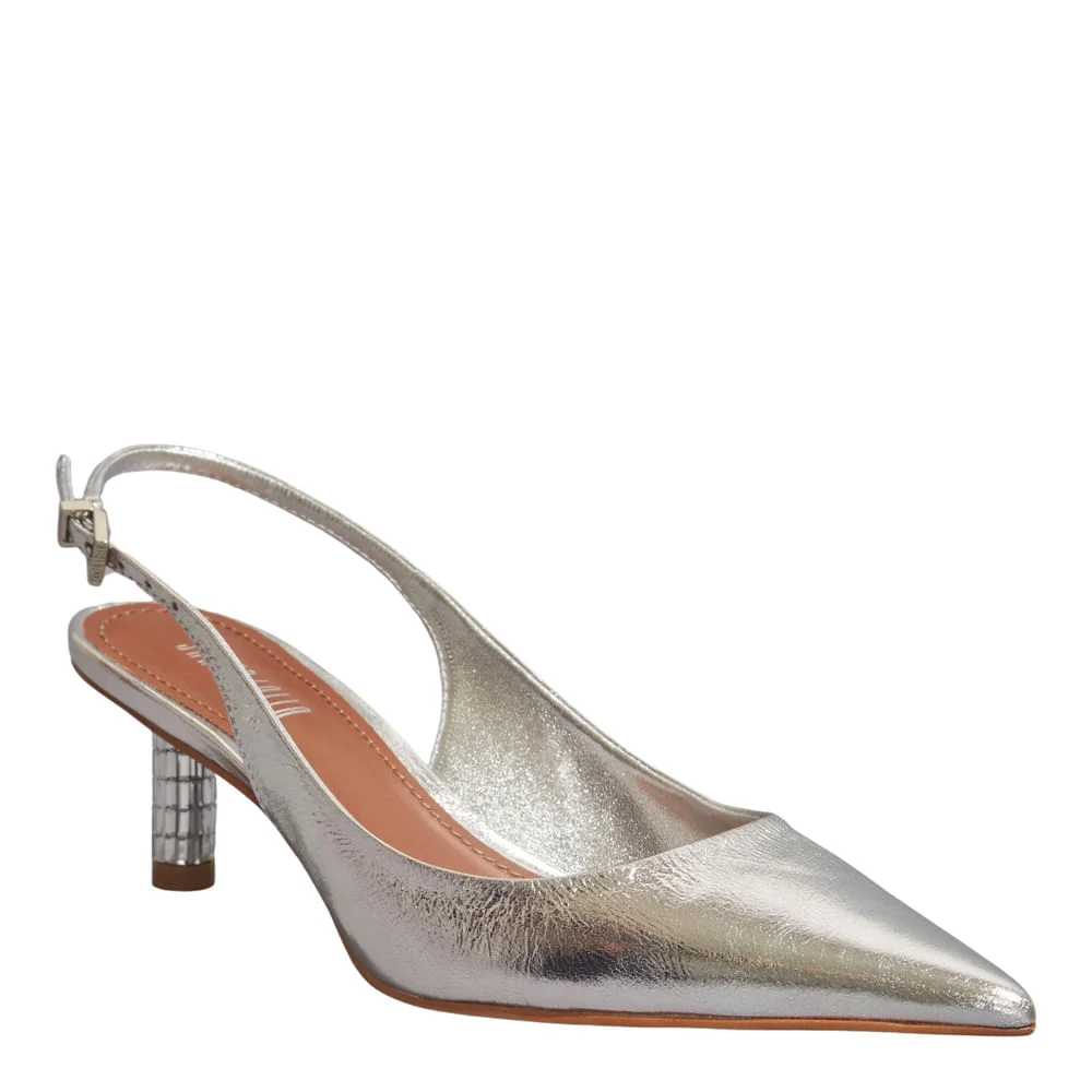 Scarpin Bico Fino Couro Metalizado Prata Salto Espelho - vista 2 de 5