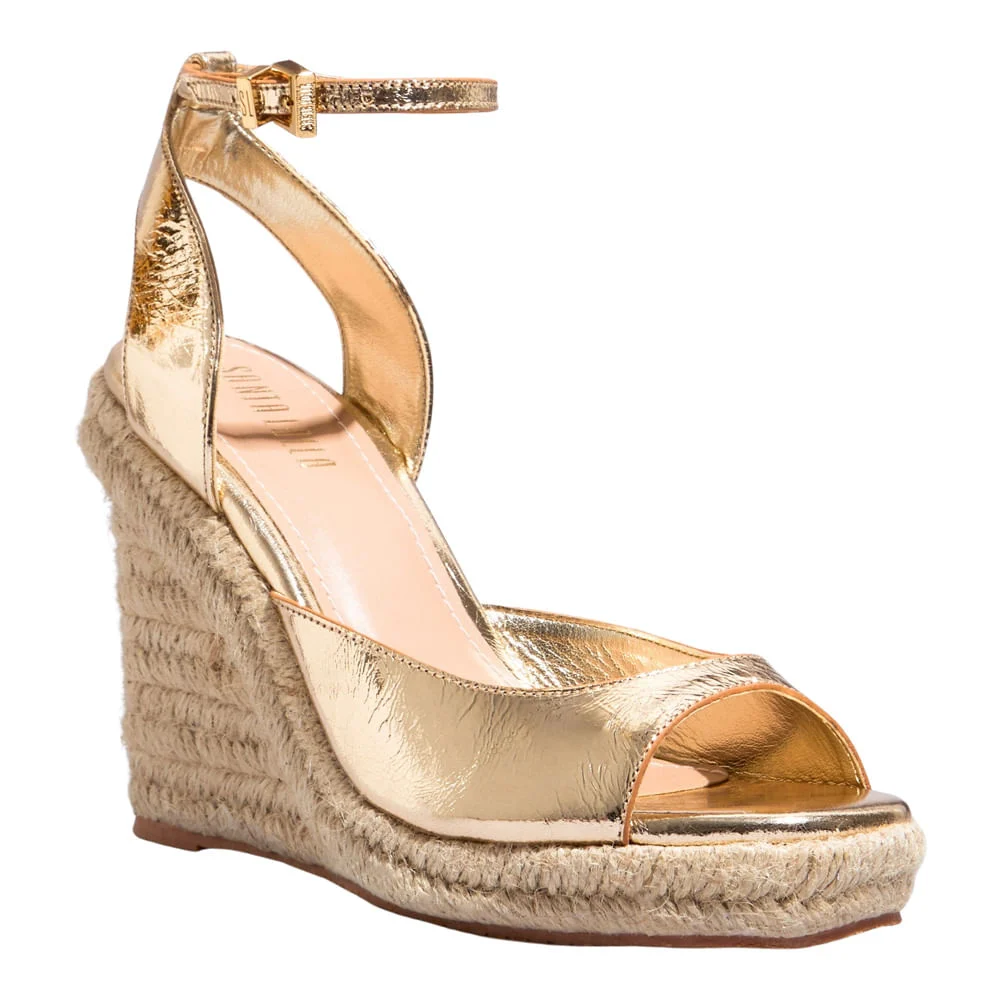 Sandália Espadrille Couro Metalizado Dourado Salto Anabela - vista 2 de 3