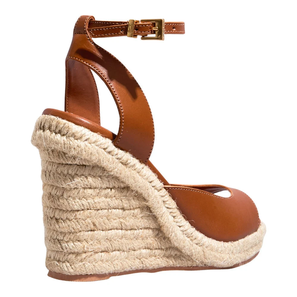 Espadrille Couro Confort Salto Anabela Marrom Safari - vista 3 de 3