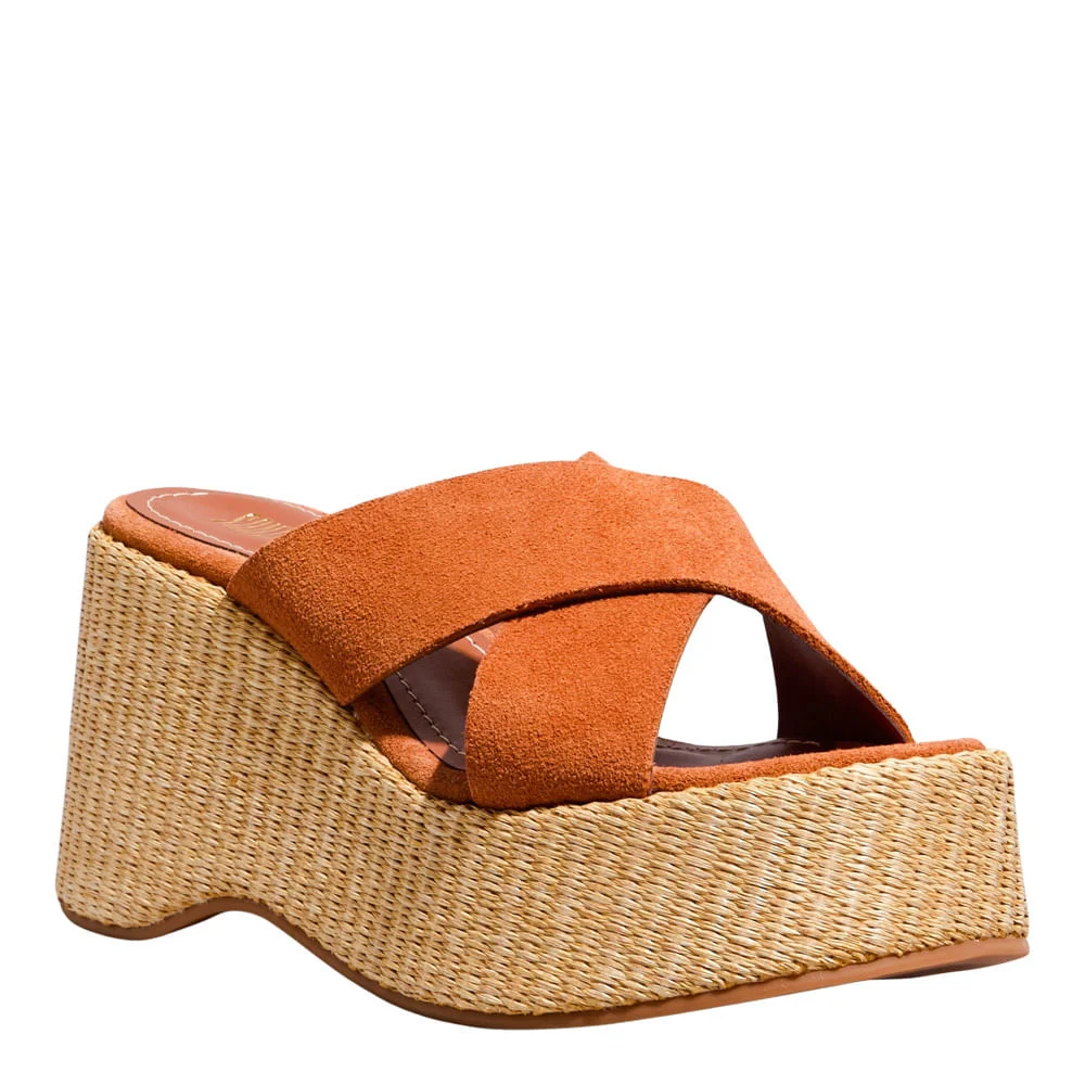 Tamanco Plataforma Couro Camurça Caramelo - vista 2 de 5