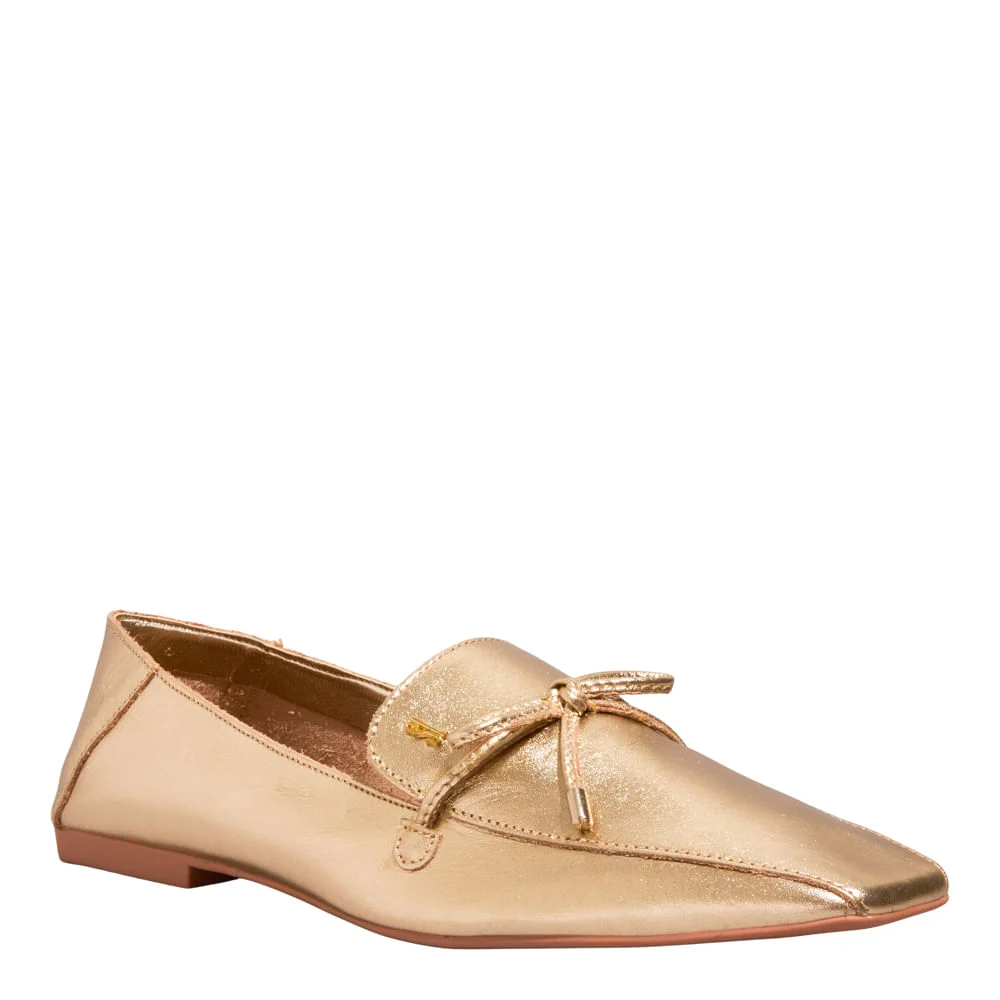 Mocassim Couro Metalizado Malibu Dourado Bico Quadrado - vista 2 de 4