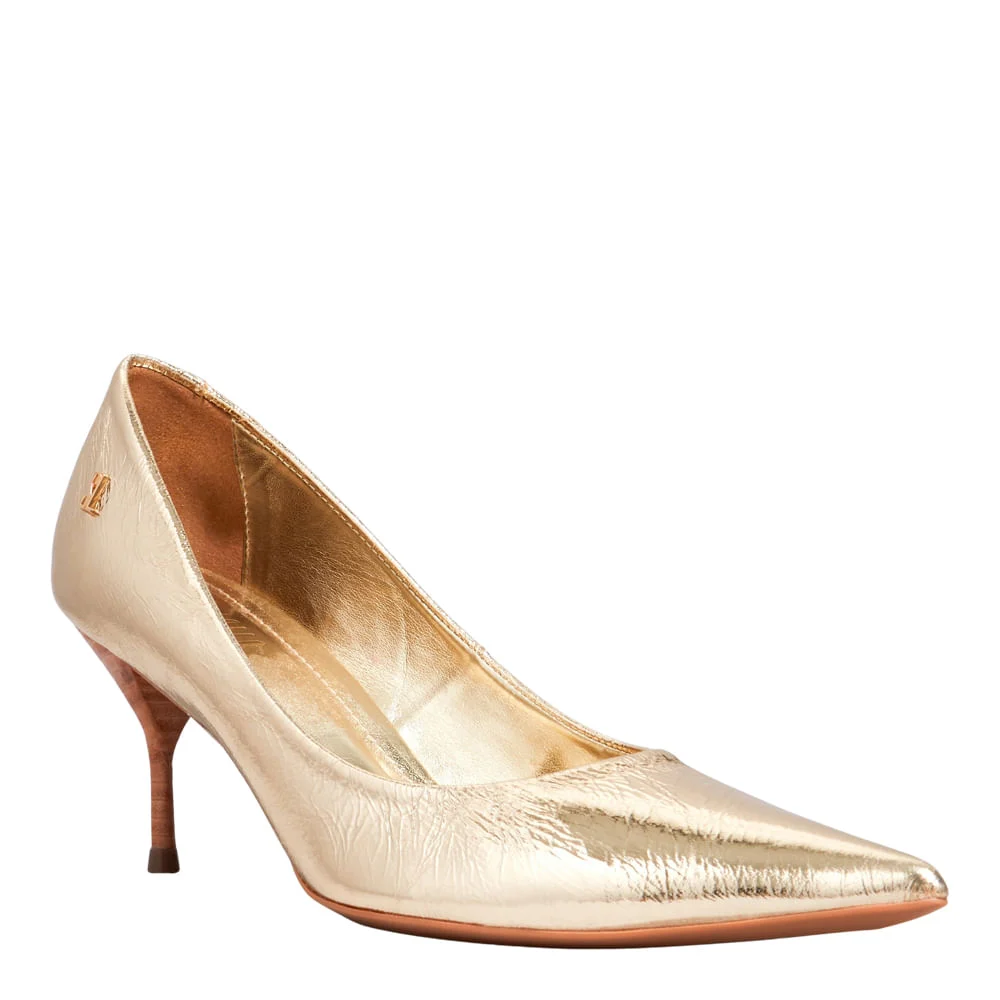 Scarpin  Couro Metalizado Dourado Bico Fino - vista 2 de 3