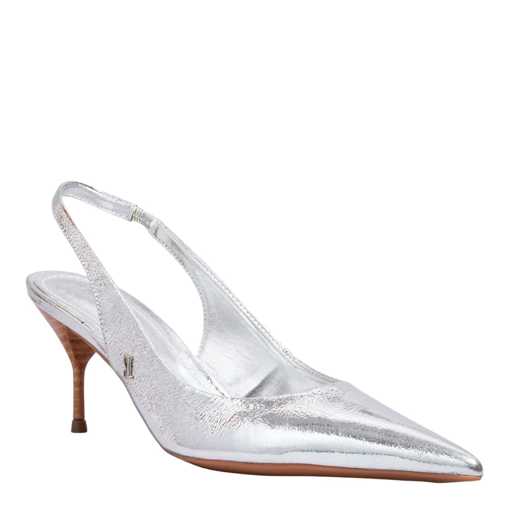 Scarpin Slingback Couro Metalizado Salto Médio Prata - vista 2 de 3