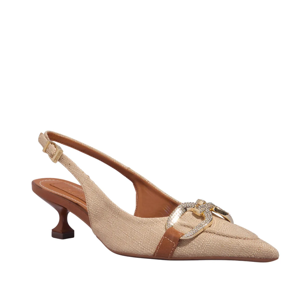 Scarpin Slingback Pedraria Linho Copacabana Bege Salto Baixo Bico Fino - vista 2 de 4