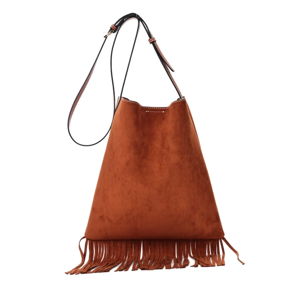 Bolsa Franja Camurça Marrom Transversal - vista 6 de 8