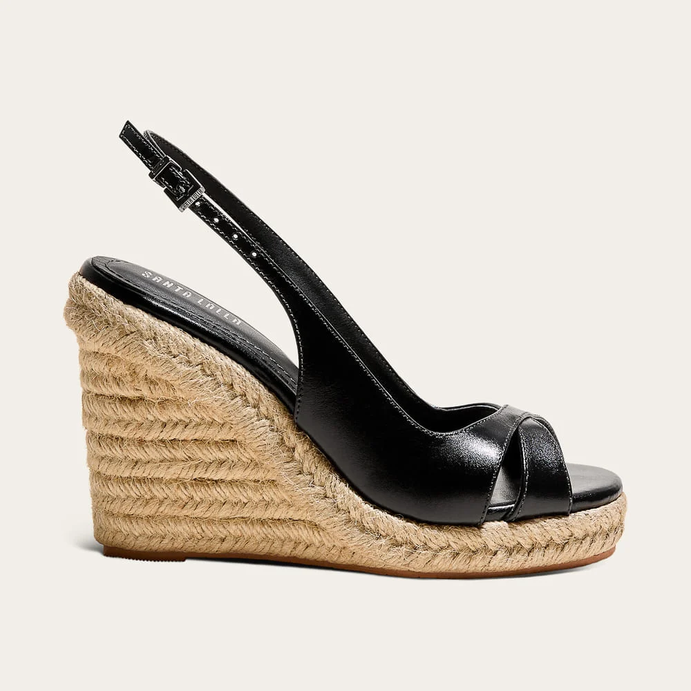 Sandália Espadrille Couro Confort Salto Anabela Preto - vista 1 de 4