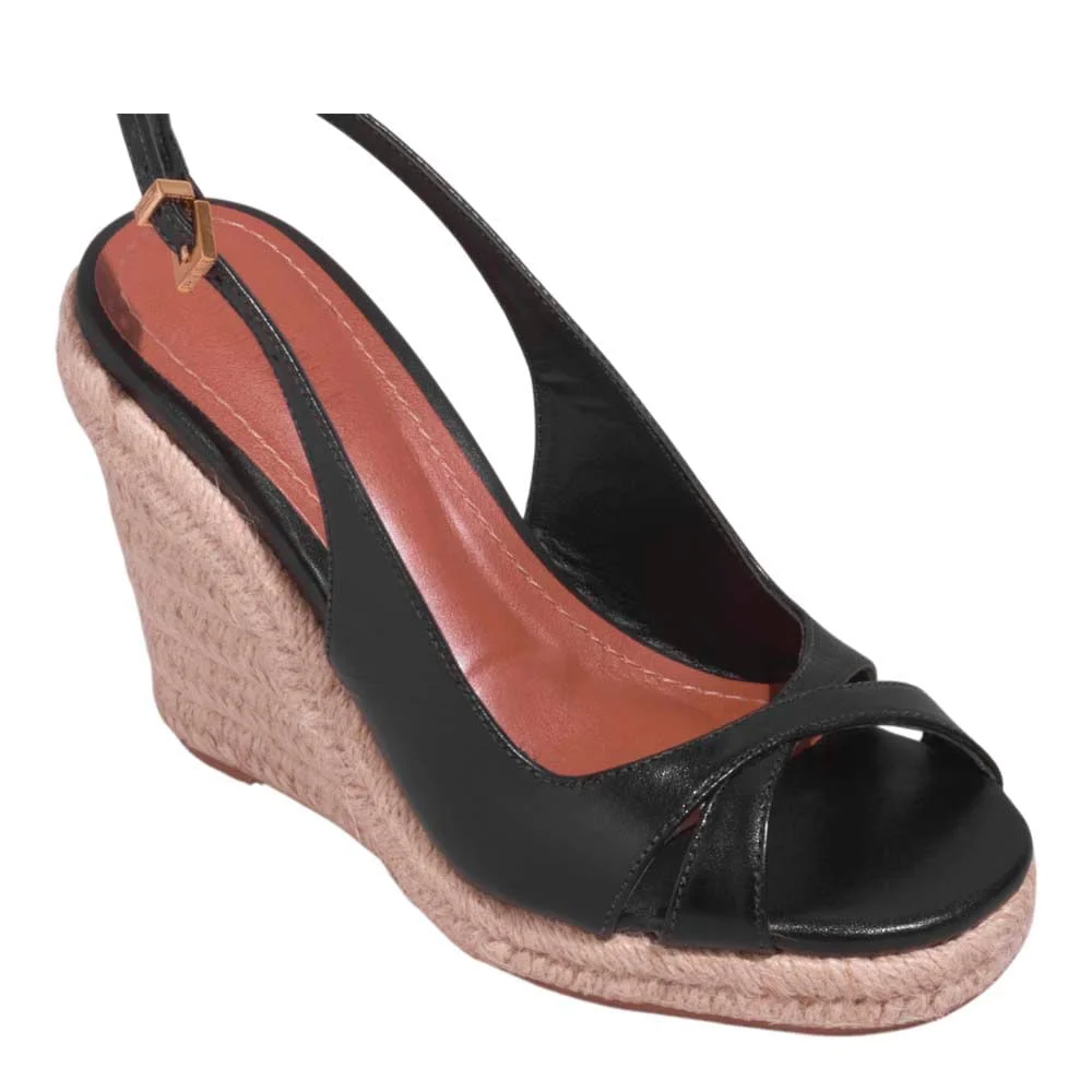 Sandália Espadrille Couro Confort Salto Anabela Preto - vista 4 de 4