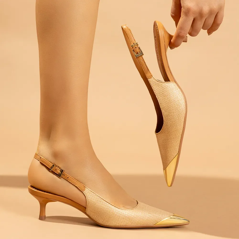 Scarpin Slingback Rafia Salto Fino Bege - vista 5 de 5
