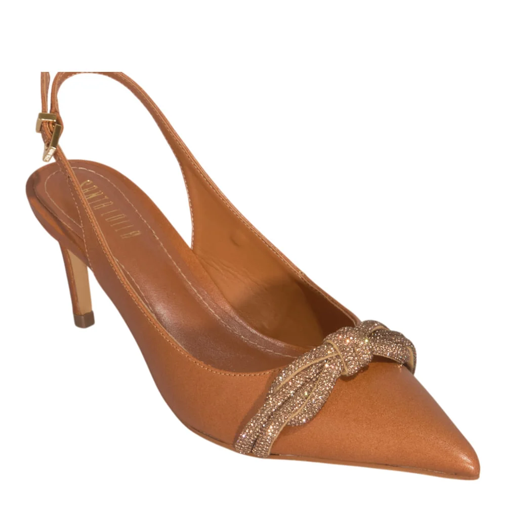 Scarpin Slingback Couro Confort Brilho Strass Caramelo - vista 4 de 4