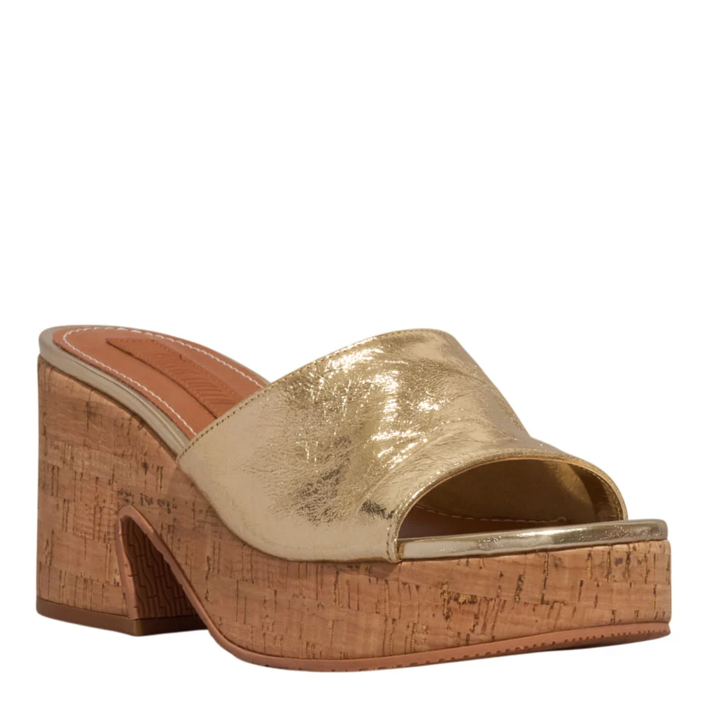 Mule Anabela Couro Metalizado Dourado - vista 2 de 3