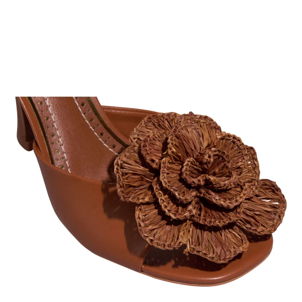Mule Flor Ráfia Salto Fino Marrom - vista 4 de 5