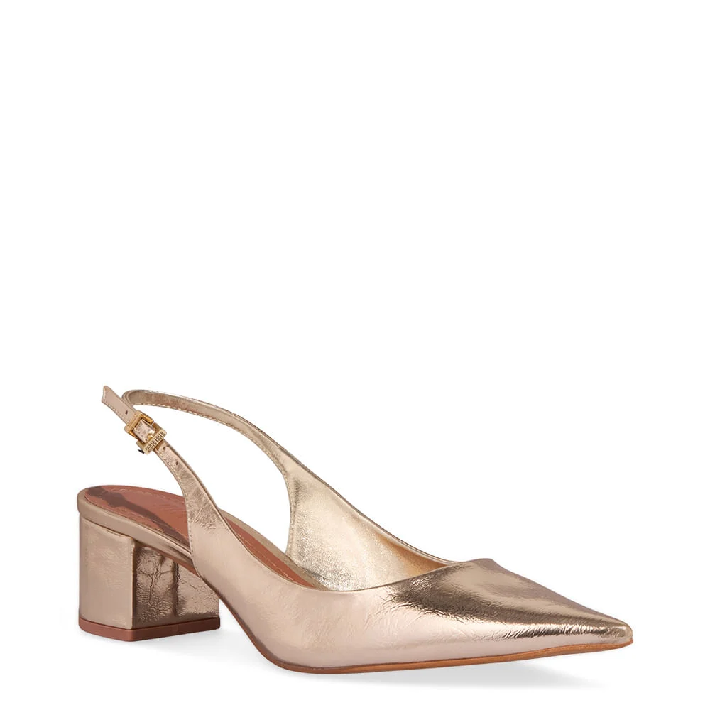 Scarpin Slingback Metalizado Salto Bloco Bico Fino Dourado - vista 2 de 3