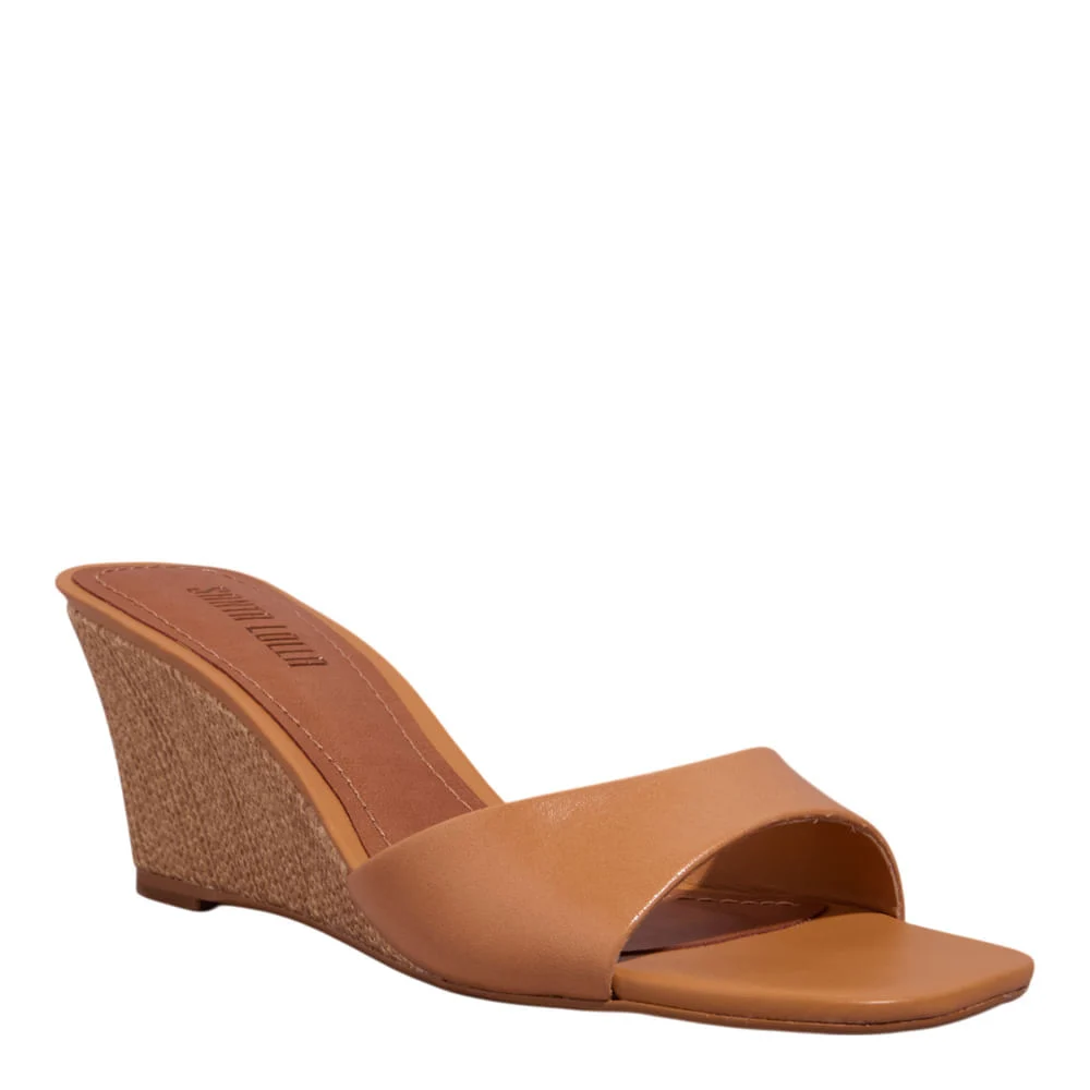Mule Anabela Couro Nobre Soft Bico Quadrado Caramelo - vista 2 de 3