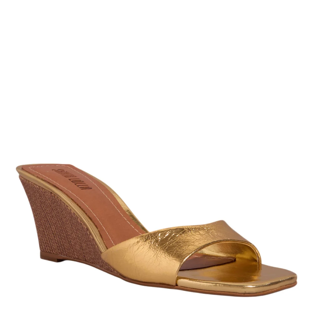Mule Anabela Couro Metalizado Bico Quadrado Dourado - vista 2 de 3