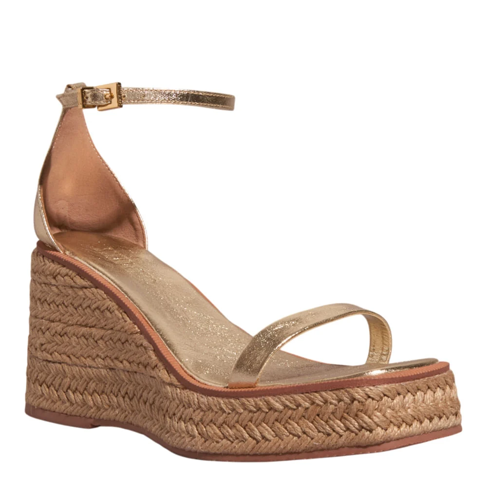 Sandália Espadrille Anabela Couro Metalizada Dourada - vista 2 de 3