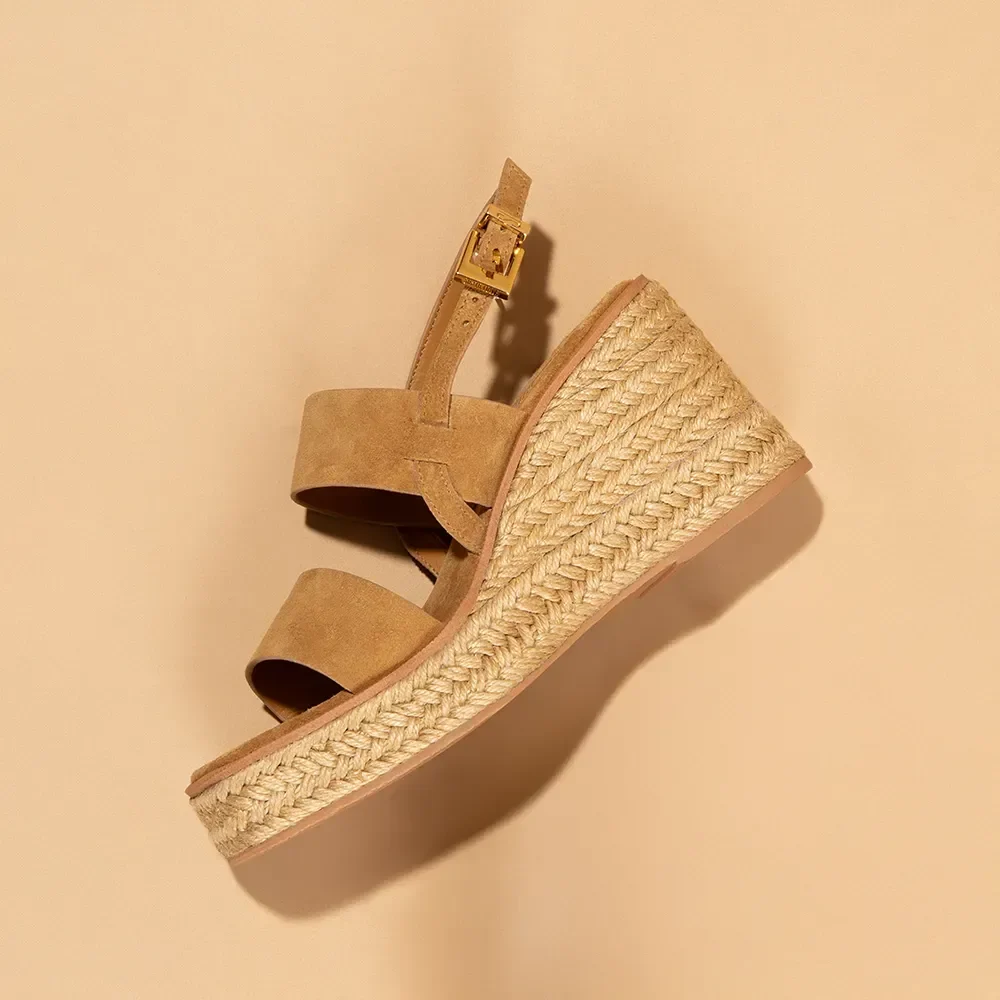 Sandália Espadrille Anabela Couro Camurça Caramelo - vista 1 de 4