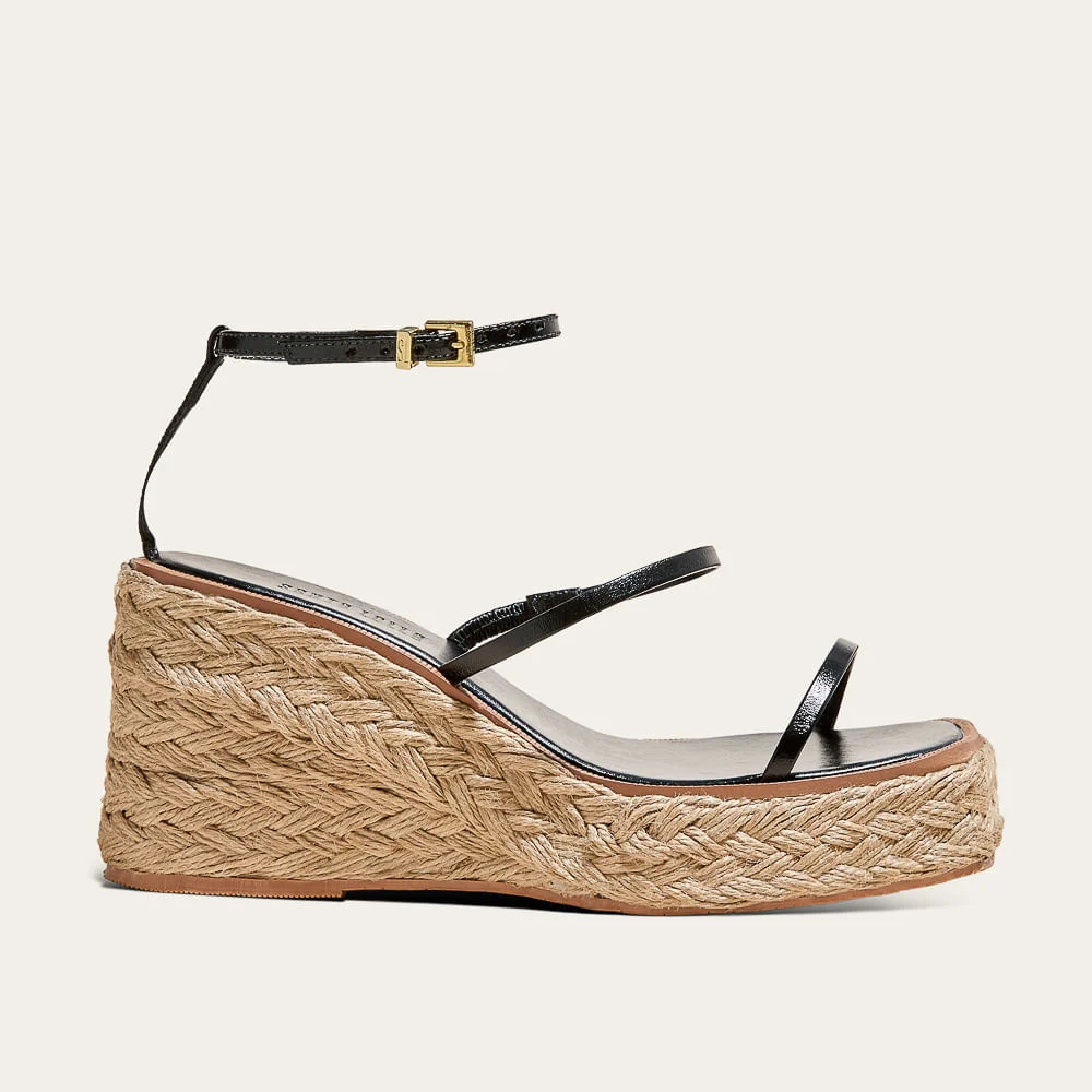 Sandália Espadrille Anabela Couro Confort Preta - vista 1 de 3