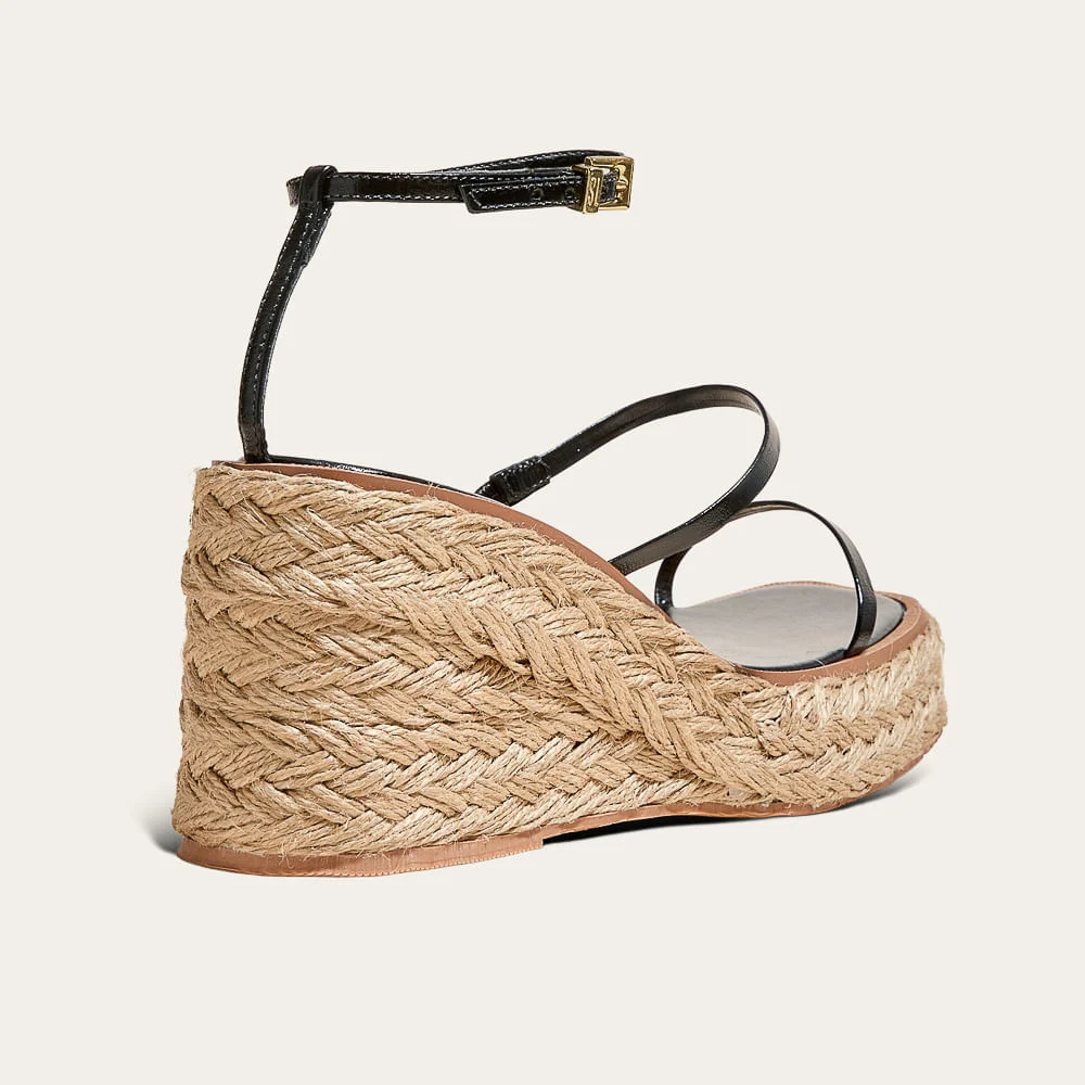 Sandália Espadrille Anabela Couro Confort Preta - vista 2 de 3