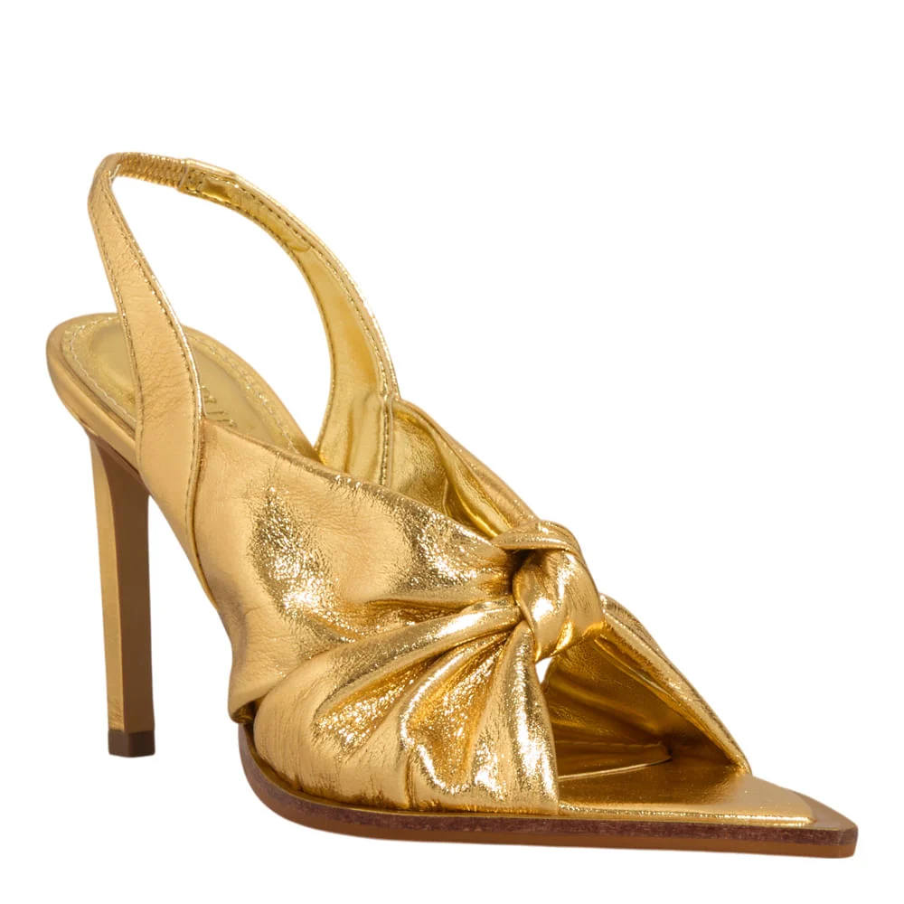 Peep Toe Slingback Couro Metalizado Bico Folha Dourado - vista 2 de 3
