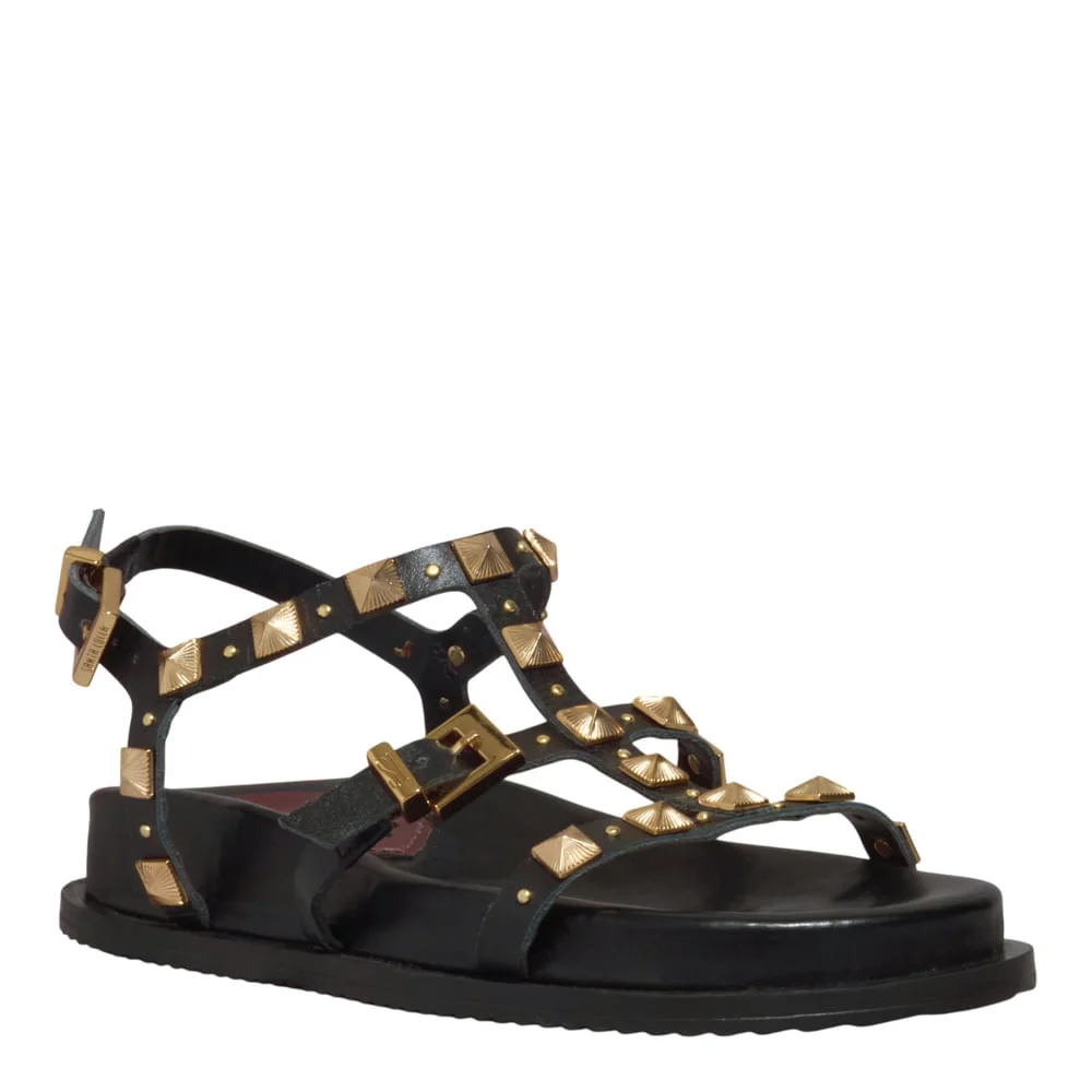 Papete Couro Confort Preta Tiras Spikes - vista 2 de 5