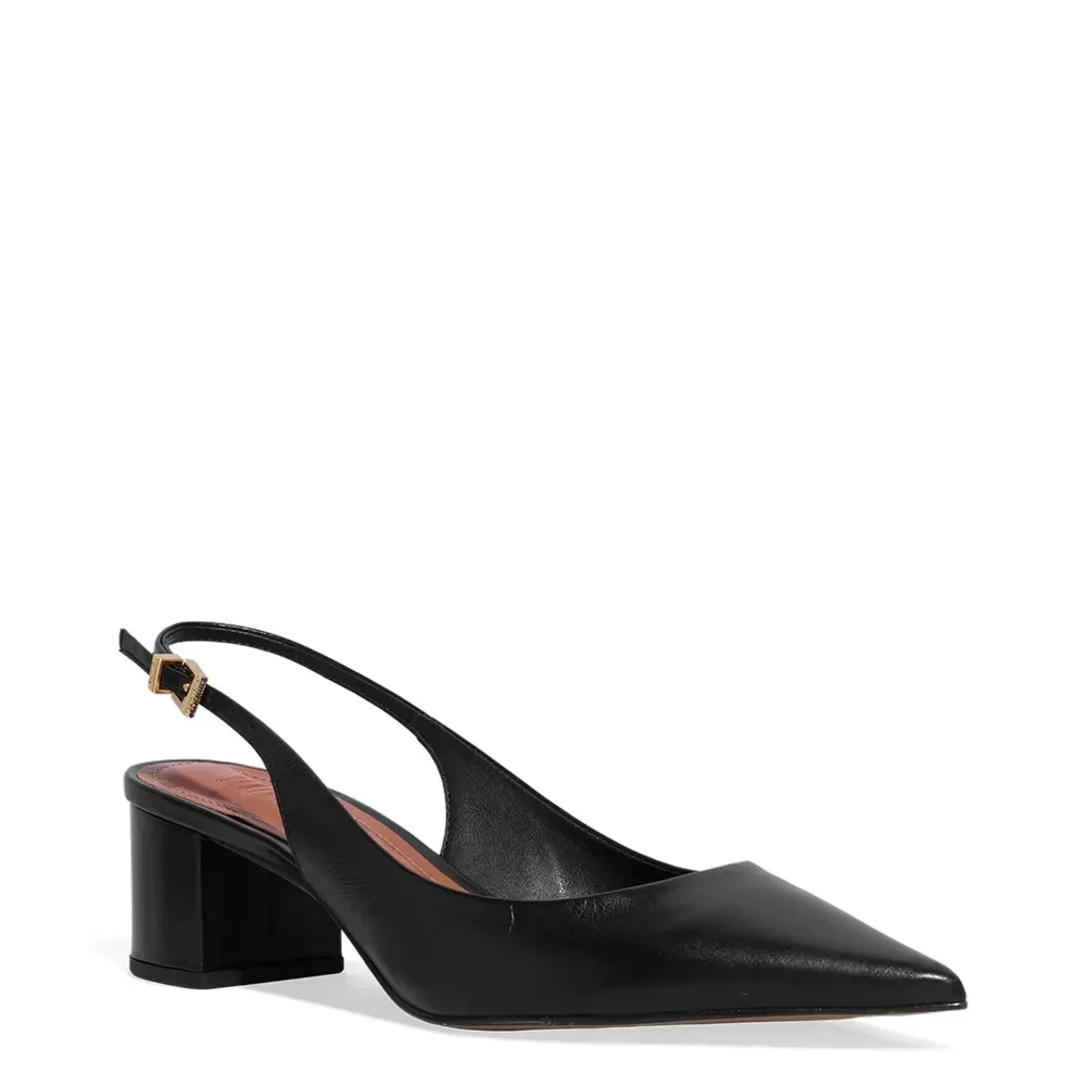 Scarpin Couro Confort Preto Bico Fino Salto Bloco Baixo - vista 2 de 3