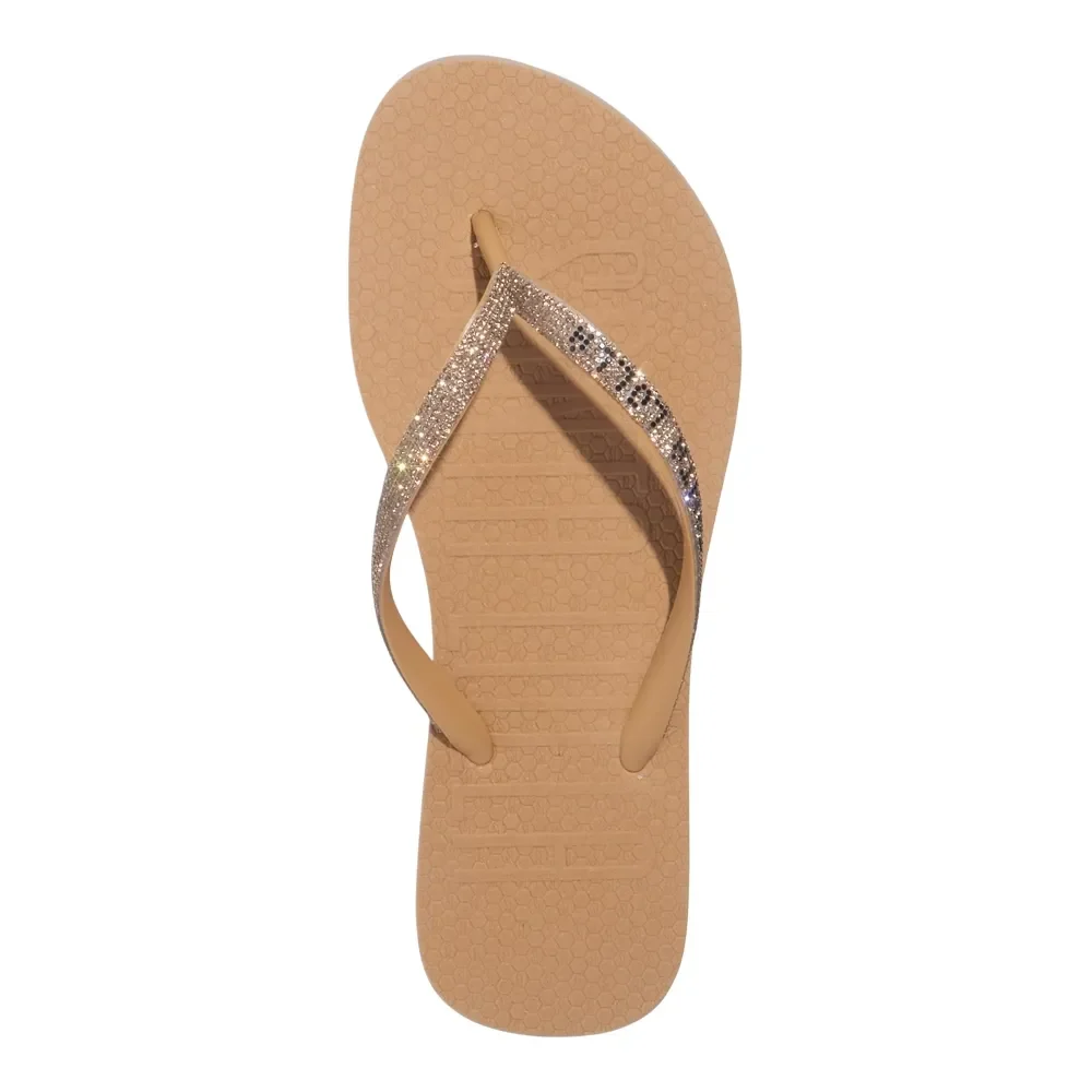 Chinelo Flip Flop Borracha Tiras Strass Brilho Bege - vista 4 de 5