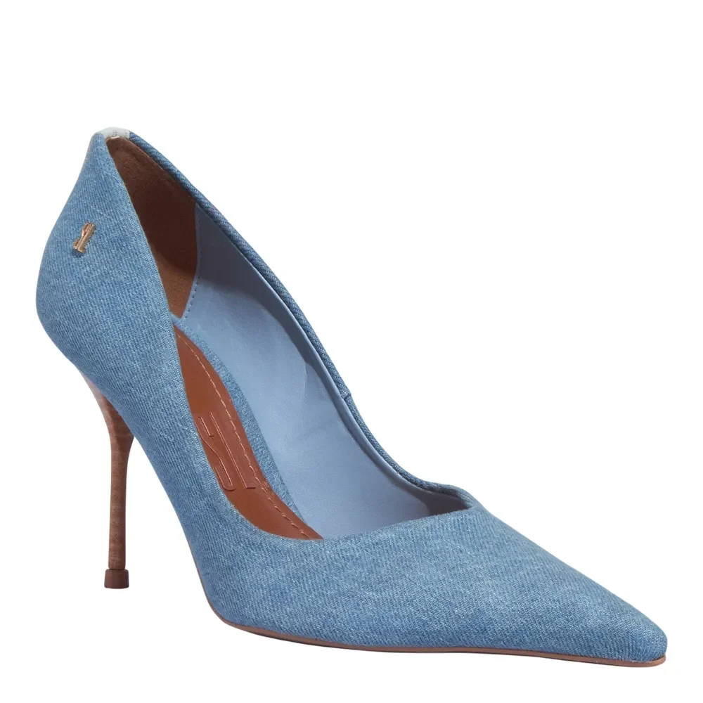 Scarpin Texturizado Azul Jeans Bico Fino Salto Agulha - vista 2 de 3