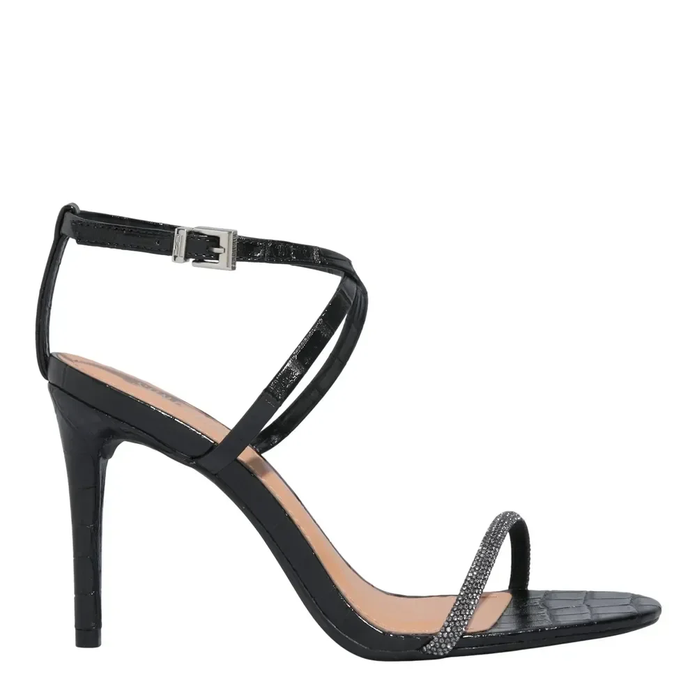 Sandália Croco Tiras Finas Strass Brilho Salto Alto Preta - vista 1 de 3