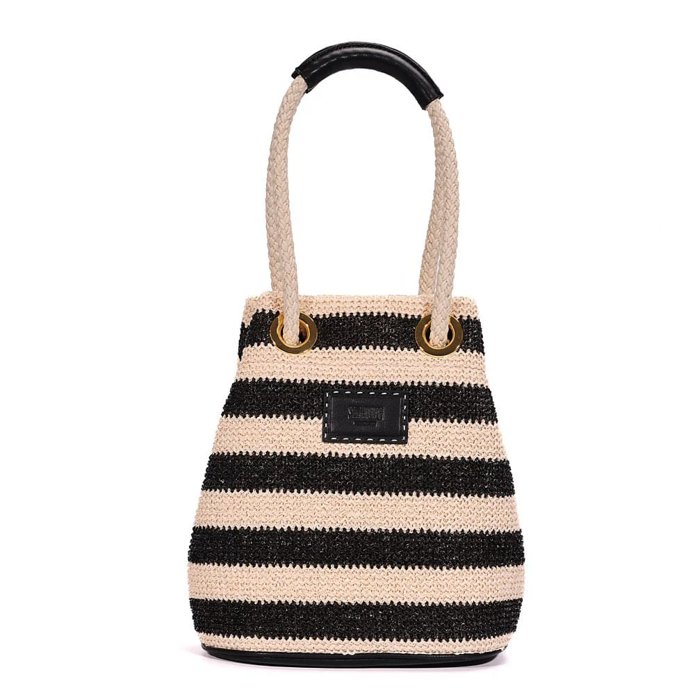 Bolsa Bucket Tramado Alça De Mão Listrada Preta a Branco - vista 2 de 8
