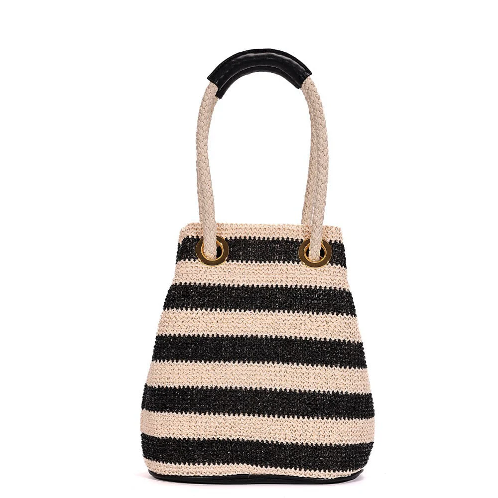 Bolsa Bucket Tramado Alça De Mão Listrada Preta a Branco - vista 6 de 8