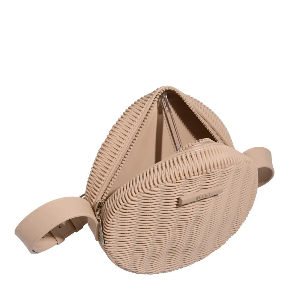 Bolsa Redonda Transversal Borracha Tramada Bege - vista 3 de 3