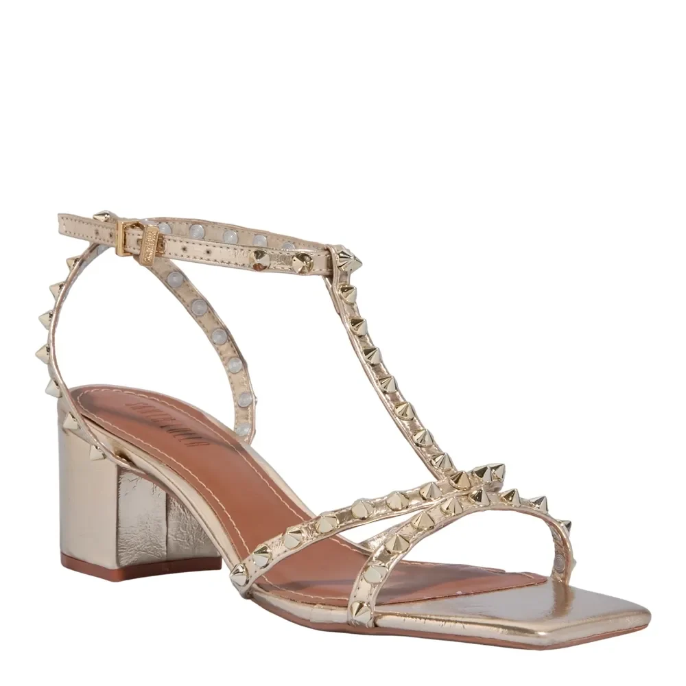 Sandália Spikes Metalizado Reflexo Dourado Salto Grosso - vista 2 de 3