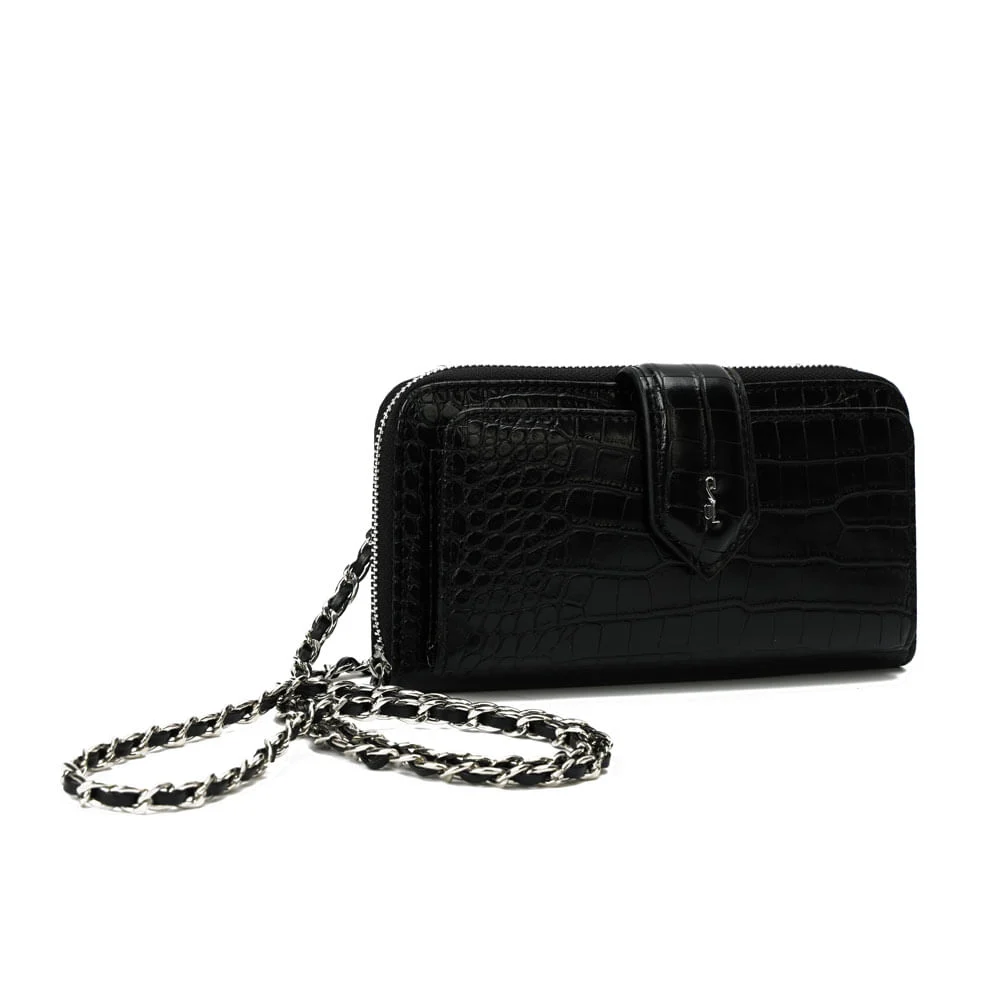 Bolsa Carteira Com Caixa Croco Alça De Ombro Corrente Croco Preta - vista 2 de 8