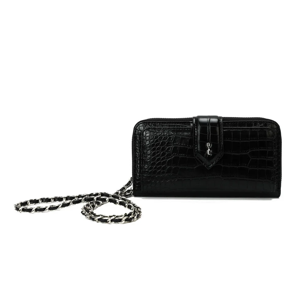 Bolsa Carteira Com Caixa Croco Alça De Ombro Corrente Croco Preta - vista 3 de 8