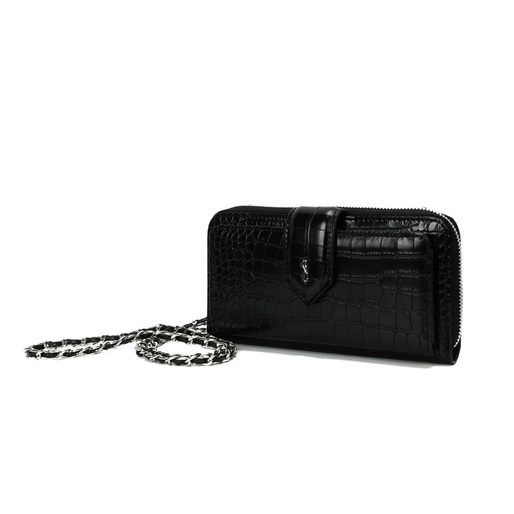 Bolsa Carteira Com Caixa Croco Alça De Ombro Corrente Croco Preta - vista 4 de 8