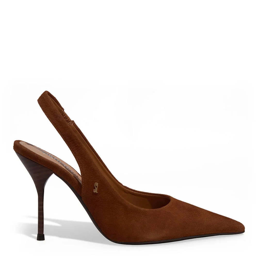 Scarpin Nobuck Marrom Safari Bico Fino Salto Agulha - vista 1 de 3