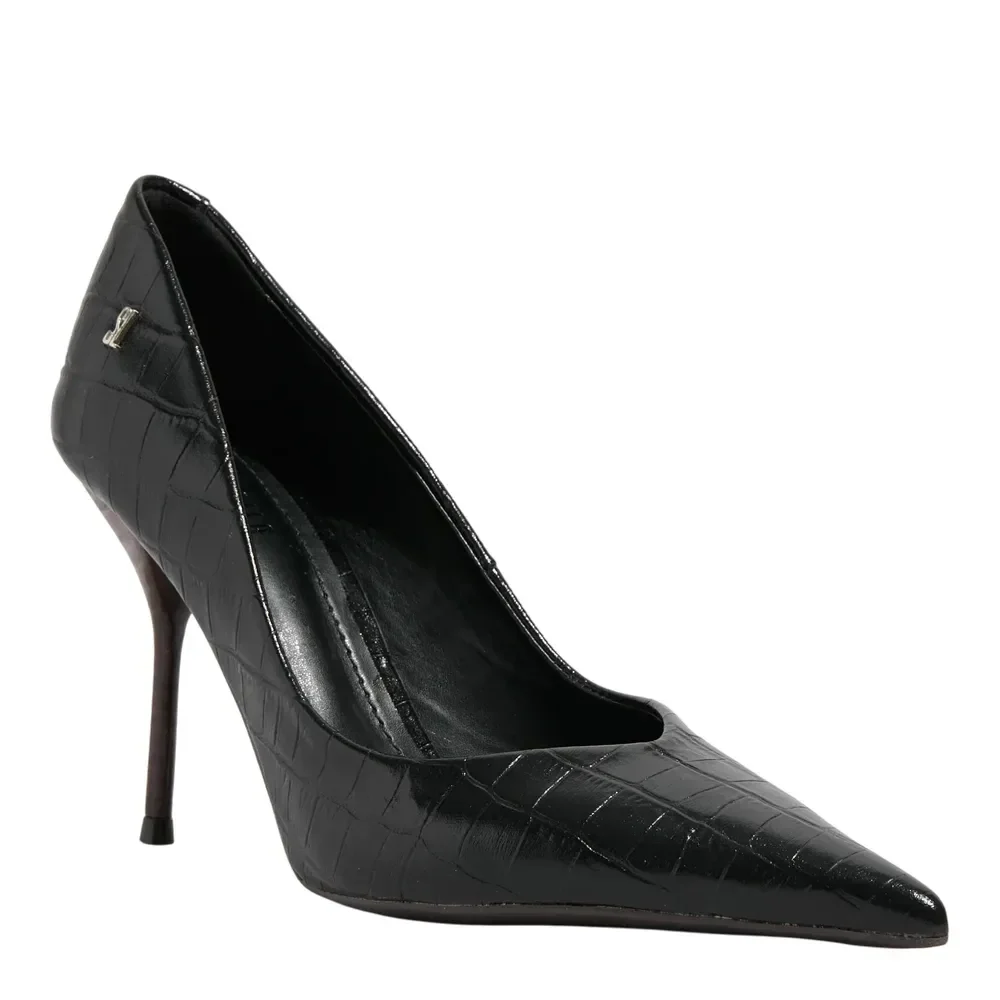 Scarpin Croco Italiano Bico Fino Salto Agulha Preto - vista 2 de 3