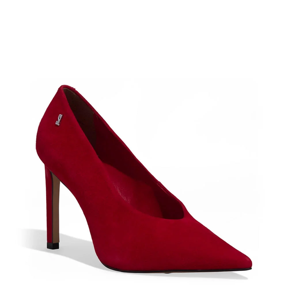 Scarpin Couro Camurça Vermelho Bico Fino Salto Alto - vista 2 de 3
