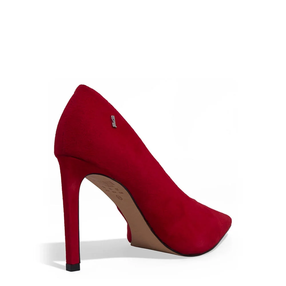 Scarpin Couro Camurça Vermelho Bico Fino Salto Alto - vista 3 de 3